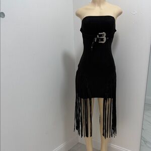 Elegant Black Strapless Dress with Fringe Detail